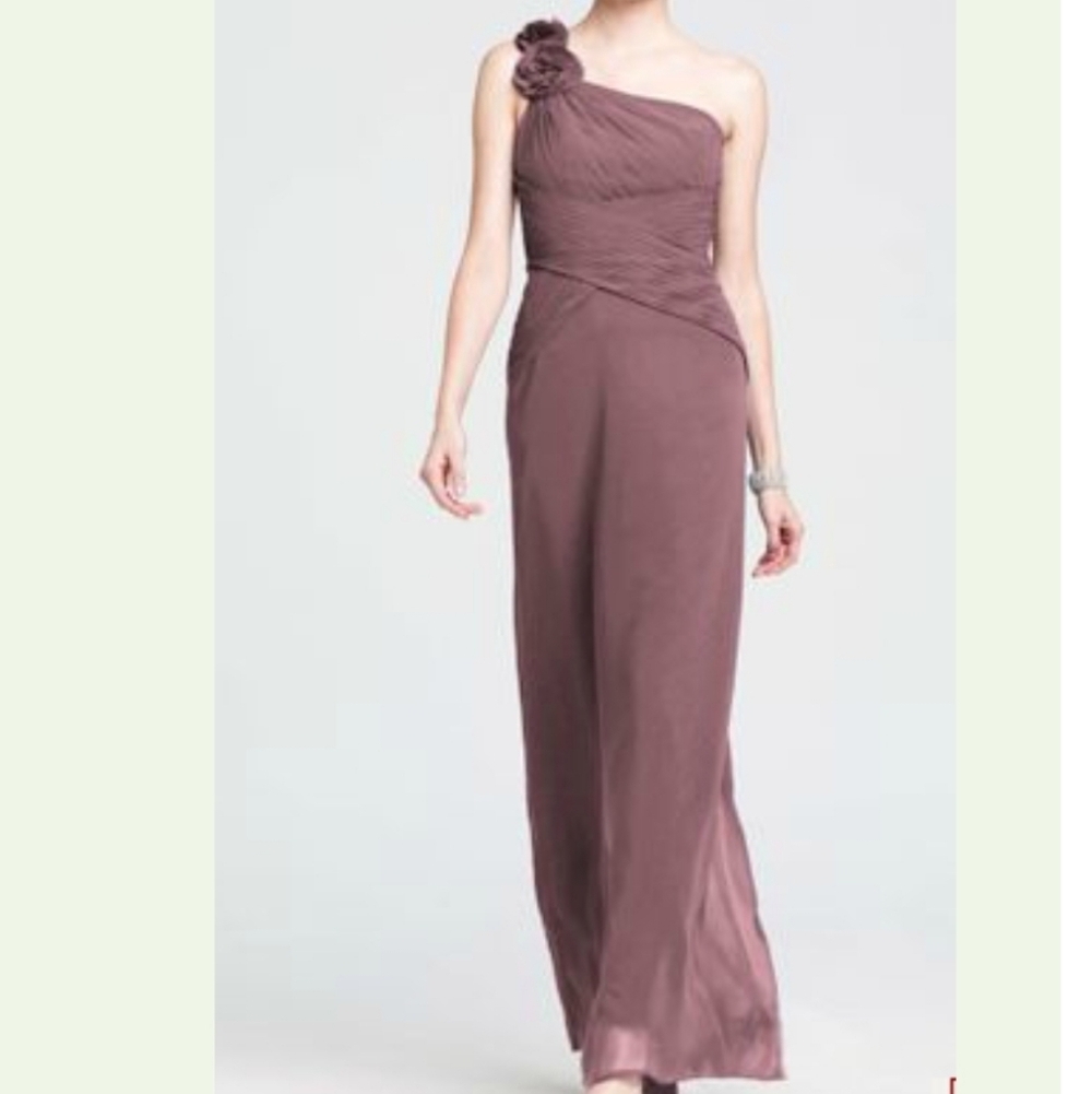David's Bridal One-shoulder Chiffon Ruched Bodice Brown Holiday Party Dress Maxi
